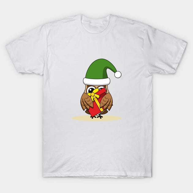 Christmas Elf Owl with Present T-Shirt by BirdAtWork